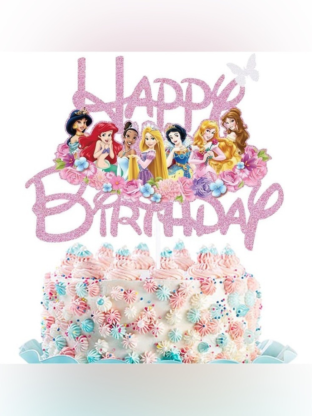 Disney Princess Pink Happy Birthday Cake Topper Floral Accents